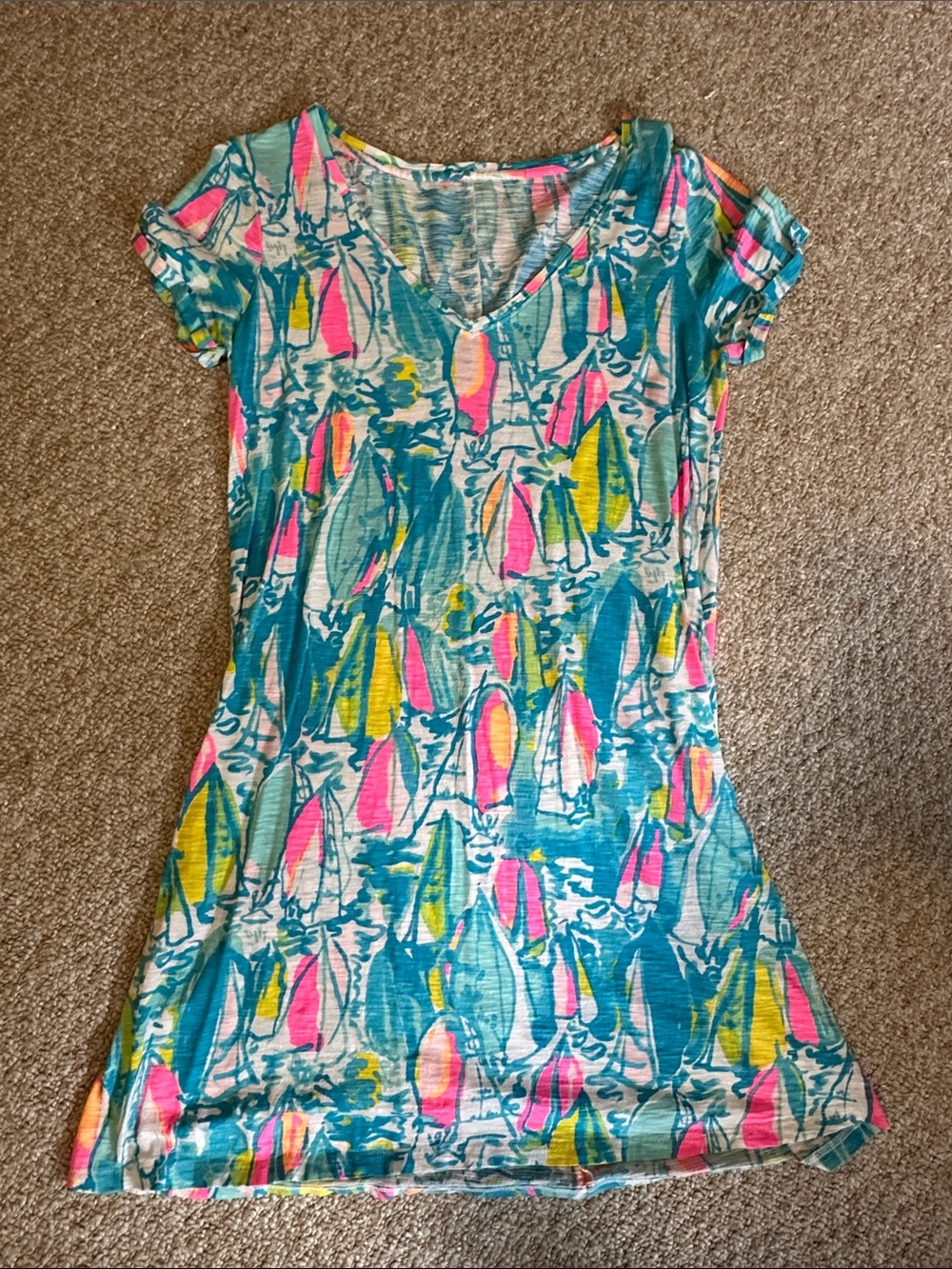 Lilly Pulitzer Teal, Pink & Yellow Printed V-Neck Dress